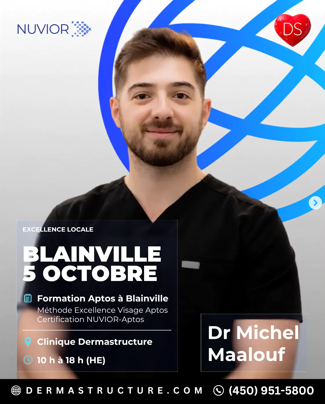 Dr Michel Maalouf, formateur Aptos chez Dermastructure, annonce de la session du 5 octobre 2026 avec Nuvior Canada